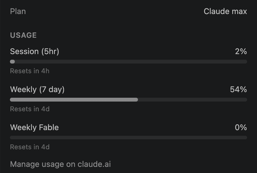 מסך המכסה של מנוי Claude Max: החלון של 5 שעות מנוצל ב-2% ומתחדש בעוד 4 שעות, החלון השבועי מנוצל ב-54% ומתאפס בעוד 4 ימים, ומכסה שבועית נפרדת ל-Fable עומדת על 0%