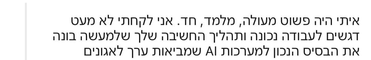 איתי היה פשוט מעולה, מלמד, חד. אני לקחתי לא מעט דגשים לעבודה נכונה ותהליך החשיבה שלך שלמעשה בונה את הבסיס הנכון למערכות AI שמביאות ערך לארגונים