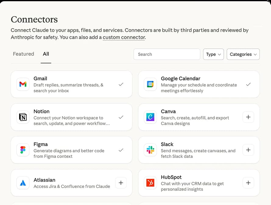 ספריית הקונקטורים של Claude: Gmail, Google Calendar, Notion, Canva, Figma, Slack, Atlassian ו-HubSpot, עם וי ליד מה שכבר מחובר ופלוס ליד מה שעוד לא