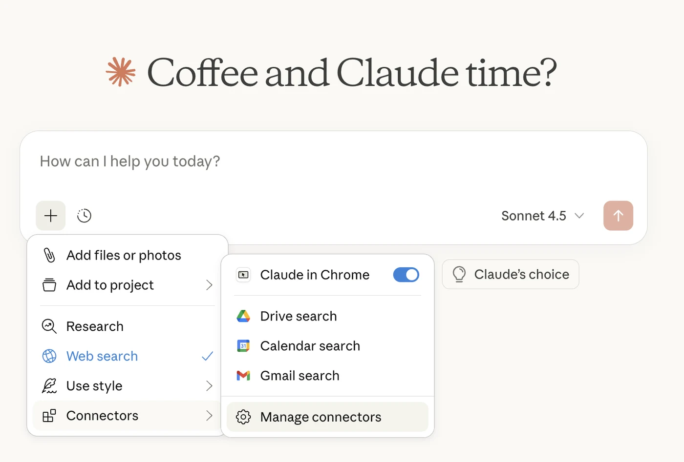 תפריט הפלוס בצ'אט של Claude, עם תת-תפריט Connectors: Drive search, Calendar search, Gmail search ו-Manage connectors